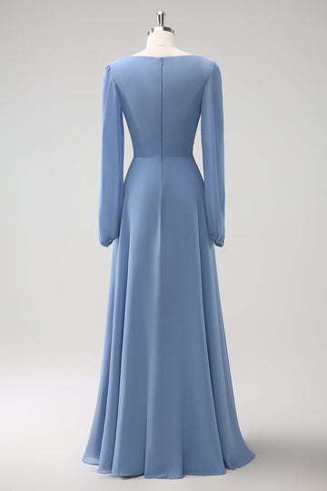 A Line Grey Blue V-Nack Vestido de Dama de Honor de Gasa con Mangas Largas